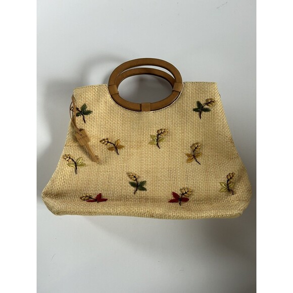 Fossil Vintage Embroidered Straw Beaded Floral Summer Handbag Retro Wood Handles - Picture 1 of 8